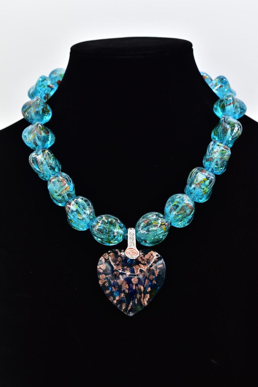 Vintage Aqua Blue Art Glass Heart Pendant Necklace Foil Confetti Chunky Bin3A